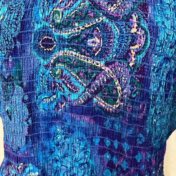 Vintage MORE JAZZ Women's Midi Dress Blue Smocked Short Sleeve Size 1X - Picture 3 of 10